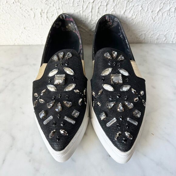 Ted Baker Loafers Black Rhinestone Gold Metallic Pointed Toe - Women's Size 9/40 - Picture 3 of 8
